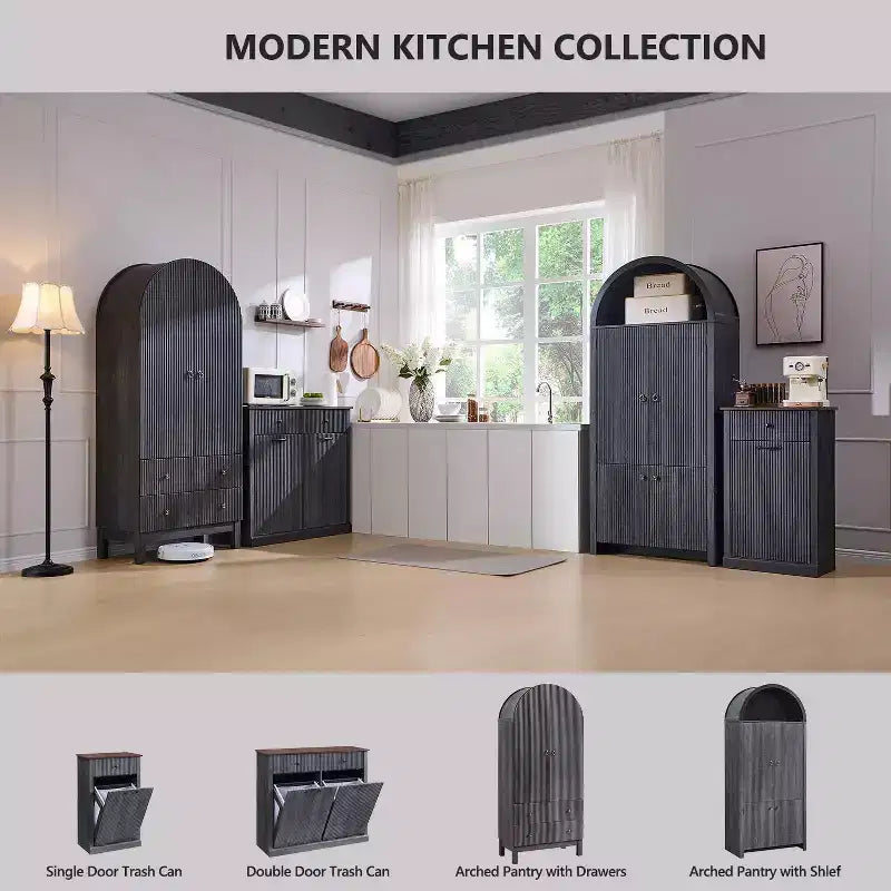 71 Tall Arched Kitchen Pantry, Modern Storage Cabinet with 3 Adjustable Shelves, 6 Door Shelves, for Kitchen, Living Room