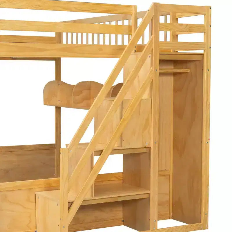 Queen Loft Bed Frame with Staircase, Wardrobe & Storage Shelves - MDF, 650 lb