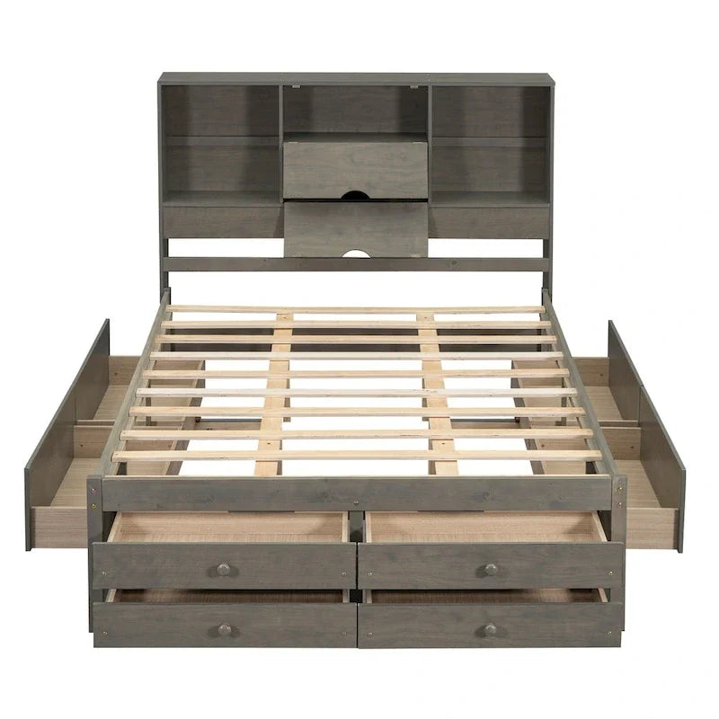Gray Queen Size Modern Wooden Bed with Storage Headboard and 8 Drawers