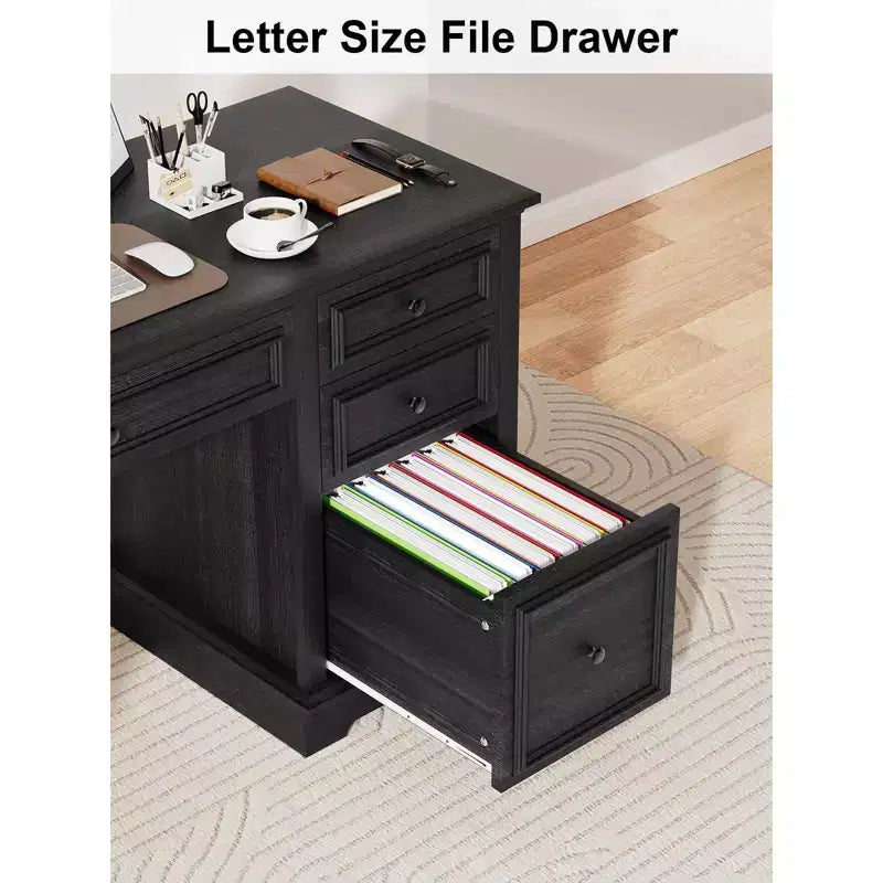 Dyonery 60 Farmhouse Executive Office Desk with Drawers and File Cabinet, Embossed Texture Wood Home Office Desk,Black/Brown/White and brown