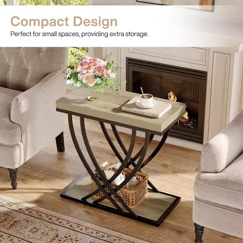 Lantine Side Table, 2-Tier Narrow End Table for Living Room, Industrial Bedside Tables with Metal Frame for Bedroom, Sofa Couch, Small Spaces, Grey