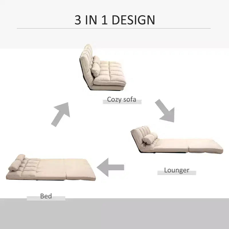 Convertible Floor Sofa Chair, Folding Couch Bed, Guest Chaise Lounge with 2 Pillows, Adjustable Backrest and Headrest, 51.25 L