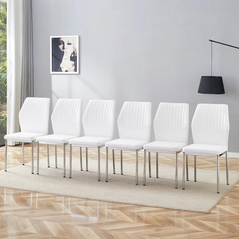 Ensemble de 6 chaises de salle à manger de luxe simples en PU haute résilience avec pieds en métal argenté, chaises d'appoint sans accoudoirs pour cuisine