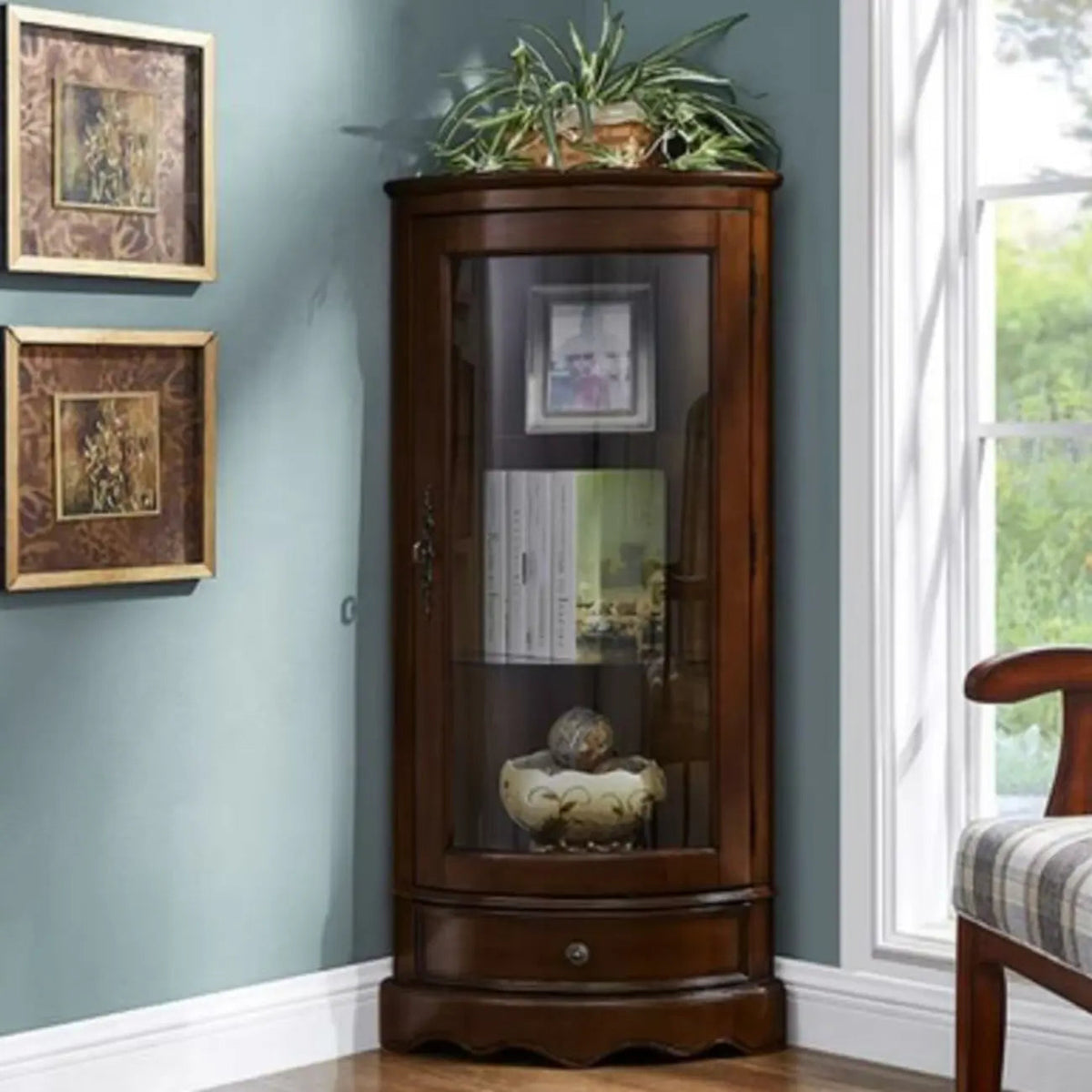 Classic Brown Rubberwood Corner Cabinet with Glass Door
