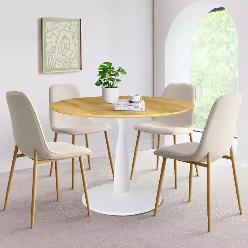 5-Piece Round Dining Set, 37 Pedestal Table with Wood-Look Top and Upholstered Curved Chairs, Modern Style-Panipeachy
