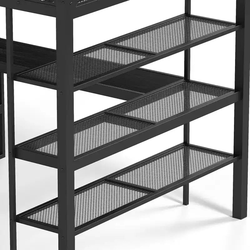 Bellemave Queen Metal Loft Bed with Desk, Storage Shelves & Hanging Rod, Space-Saving Loft Bed Frame with Guardrails & Ladder, No Box Spring, Black