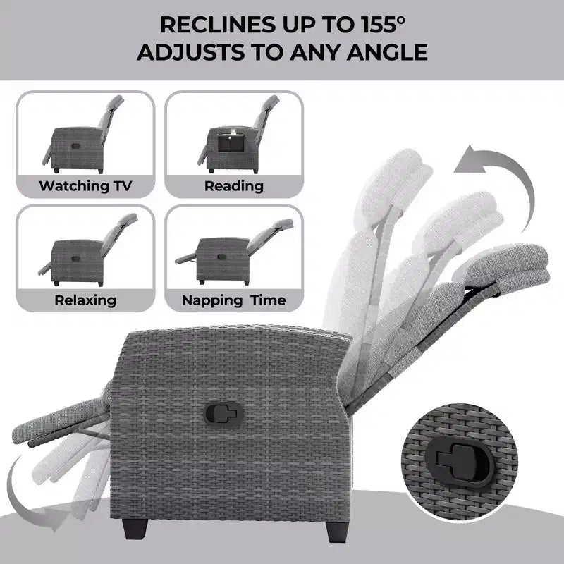 Indoor Outdoor Wicker Recliner Chair with Flip-Up Table Air Pump 155 Lay Flat, Adjustable Wicker Lounge Recliner Chair with Backrest and Footrest