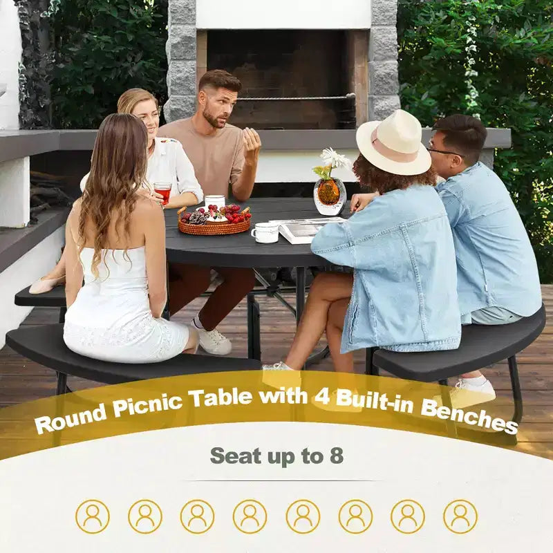 Costway Outdoor 8-person Round Picnic Table Bench Set with 4 Benches & Umbrella Hole Black/Grey/Green/White
