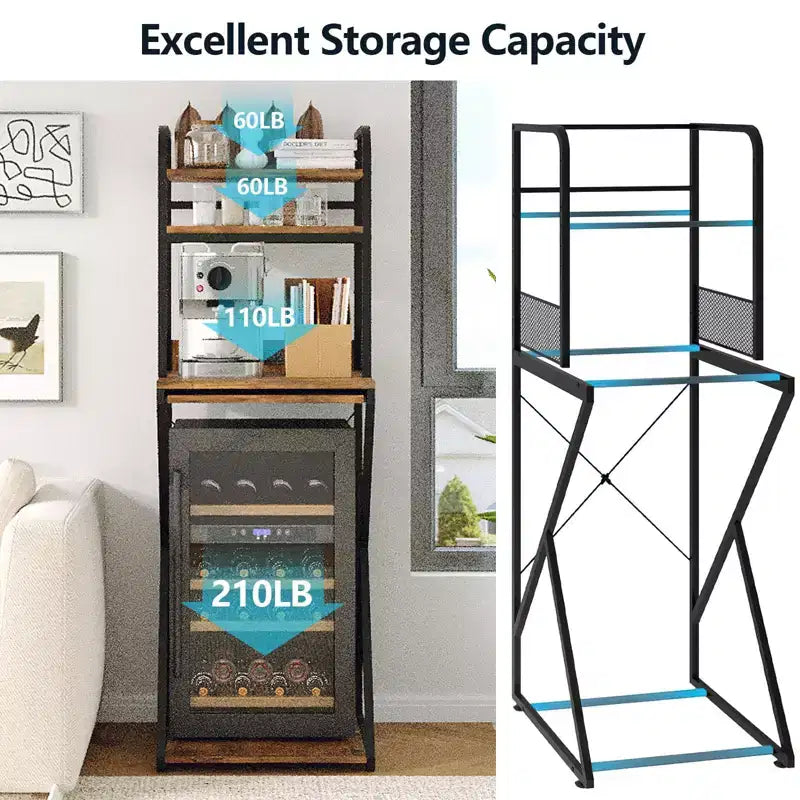 Mini Fridge Stand with Storage Shelf, Free-Standing Wooden Coffee Bar Cabinet with Power Outlet, Utility Microwave Stand, Coffee Bar Organizer