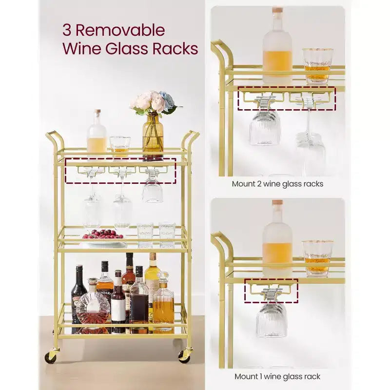Bar Cart, Home Bar Serving Cart, Small Bar Cart with 3-Tier Shelf, Wine Holders, Glass Holders, Bar Cart, 15 x 23.6 x 36.2 Inches