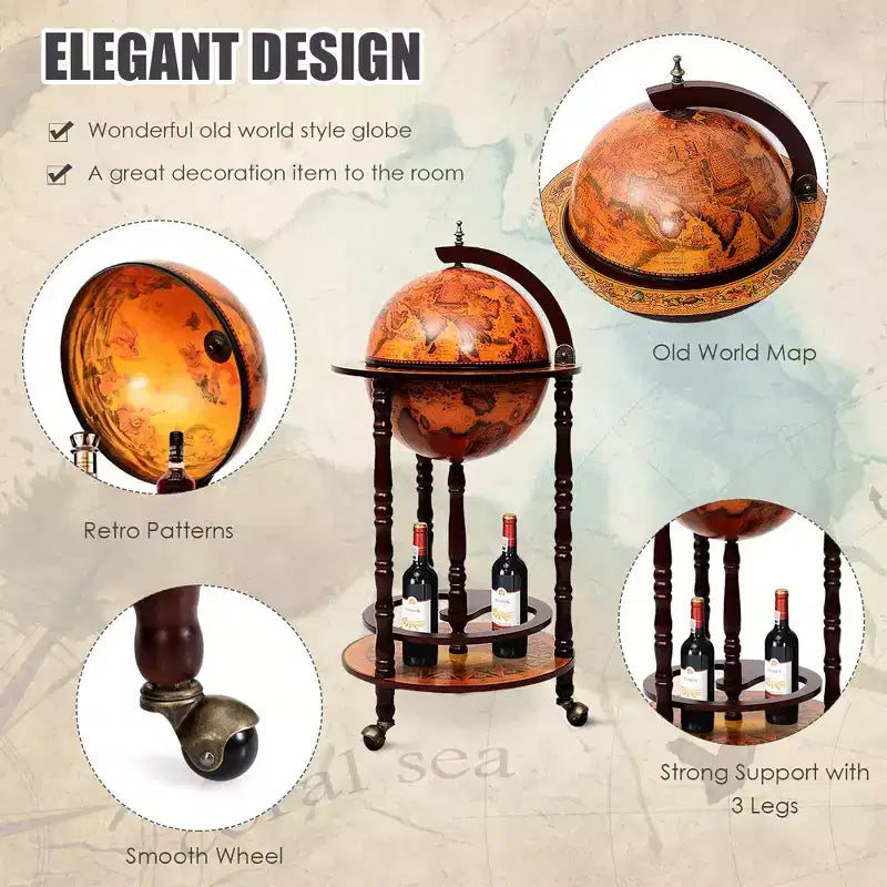 Costway 17.5 Wood Globe Wine Bar Stand 16th Century Italian Rack Liquor Bottle Shelf