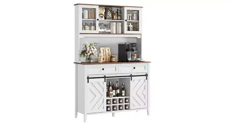 72 Farmhouse Bar Cabinet with Sliding Barn Door  Large Kitchen Buffet with Hutch, Charging Station, 2 Drawers & 8 Storage Shelves  Coffee