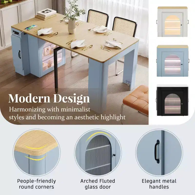 Whisen Extendable Dining Table, Mobile Rolling Island Table with 3 Removable Middle Leaves, Storage Cabinet