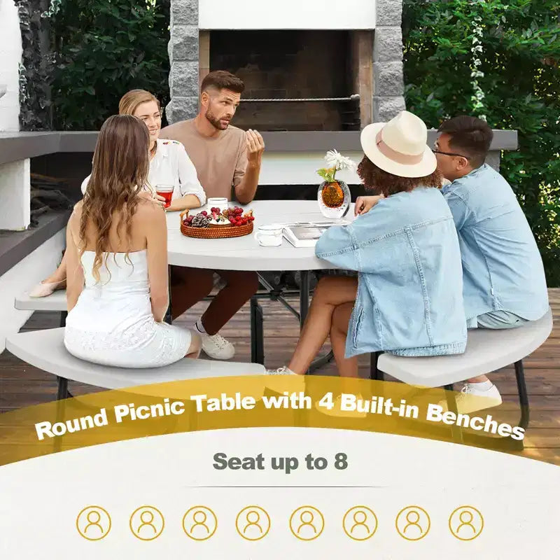 Costway Outdoor 8-person Round Picnic Table Bench Set with 4 Benches & Umbrella Hole Black/Grey/Green/White