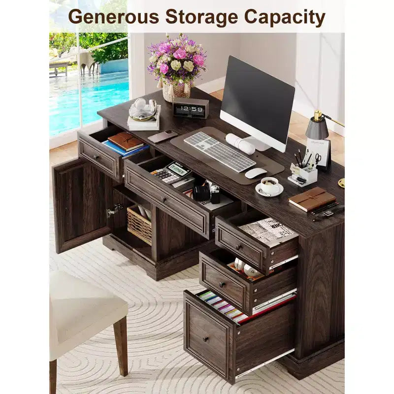 Dyonery 60 Farmhouse Executive Office Desk with Drawers and File Cabinet, Embossed Texture Wood Home Office Desk,Black/Brown/White and brown