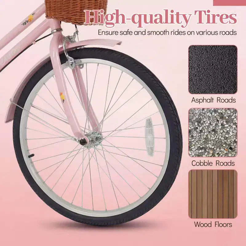 Gymax 24-Inch Beach Cruiser Bike w/Adjustable Seat Woven Basket & Rear Rack for City
