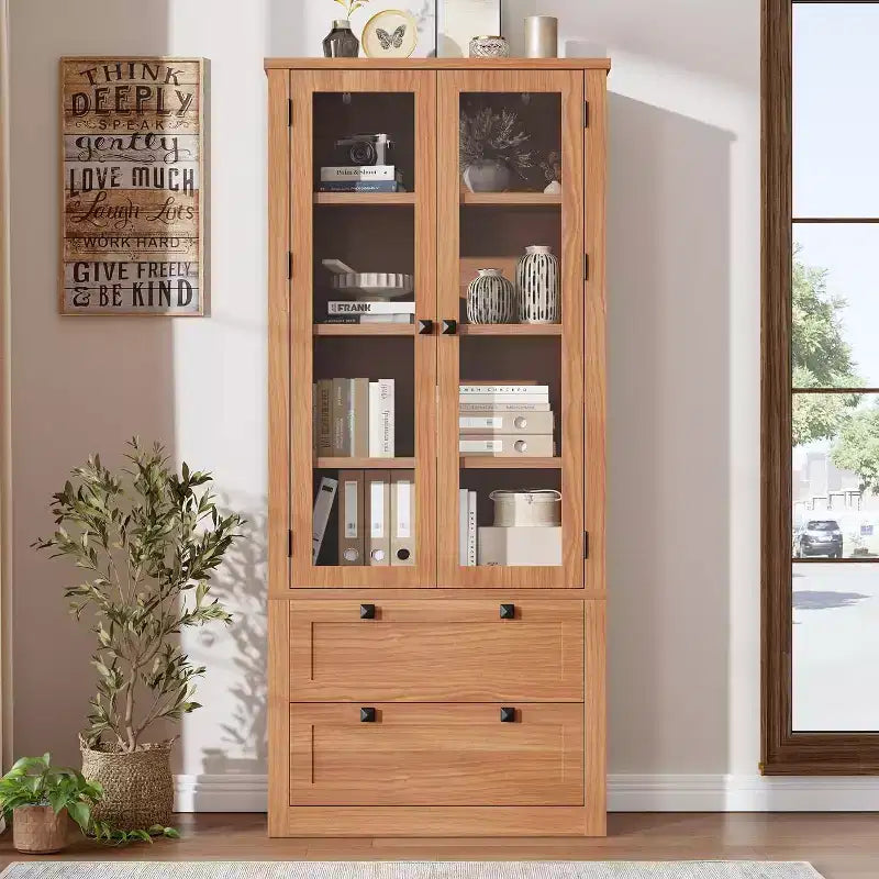 Farmhouse Kitchen Pantry Cabinet with Glass Doors, 72in Storage Cupboard with Drawers and Adjustable Shelves for Dining Room Bathroom Living Room