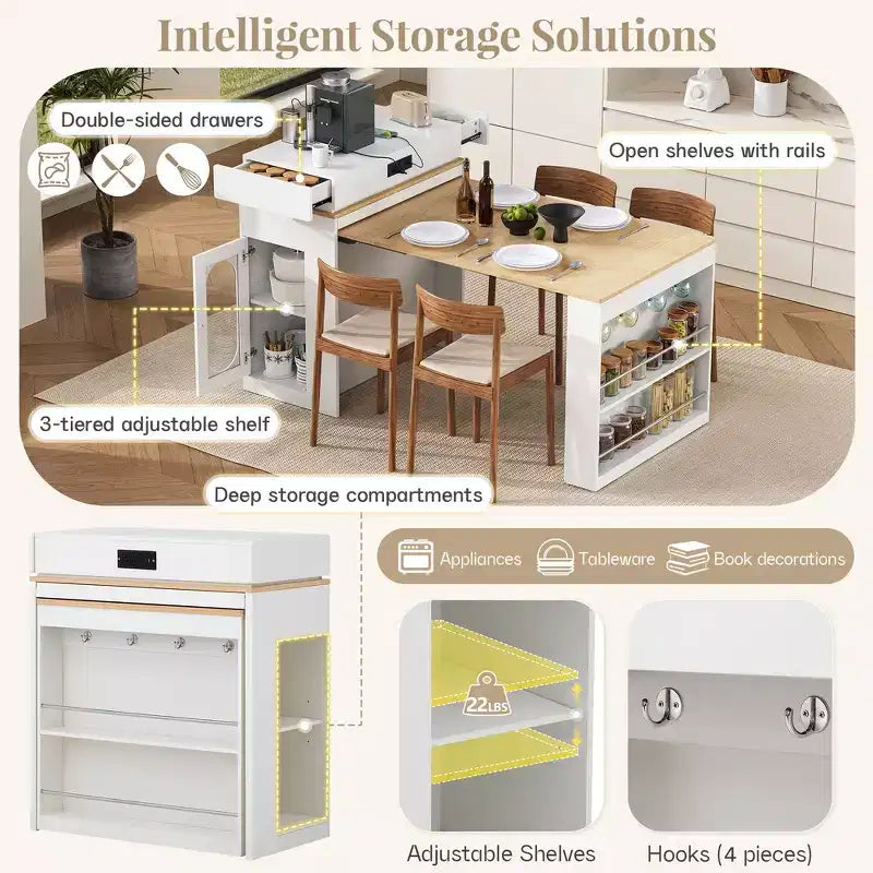 Whisen Extendable Dining Table, Mobile Rolling Island Table with 3 Removable Middle Leaves, Storage Cabinet