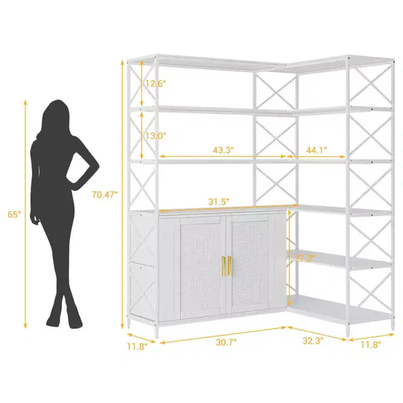 Corner Bookshelf - 6 Tier Corner Book Shelf with Storage, Farmhouse L Shaped Book-Shelf with Cabinet, Modern Industrial Bookcase for Home Office