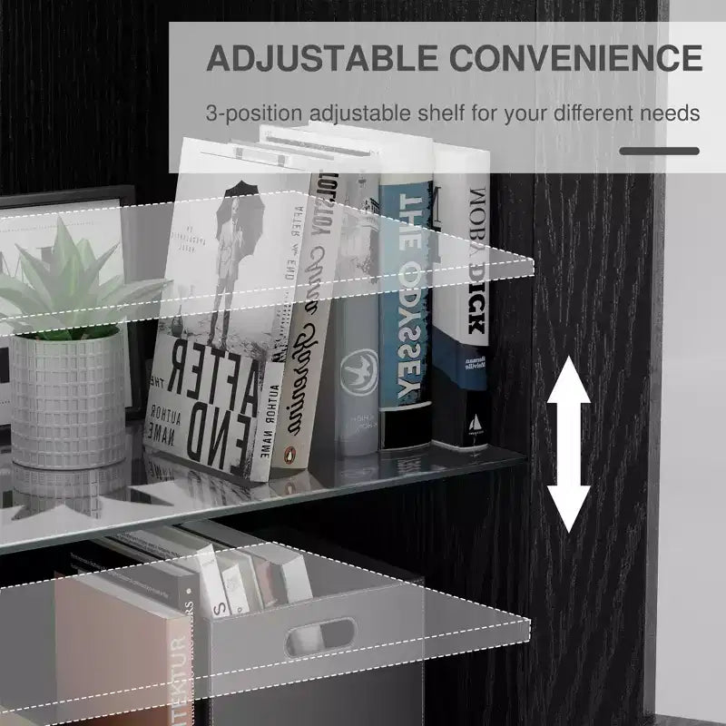 62 High Black Glass Door Wood Grain Decorative Storage Cabinet Display Cabinet, with Sufficient Space for 12 Shelves