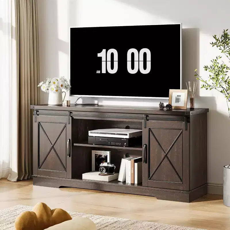 Farmhouse TV Stand for TVs Up to 65, Entertainment Center with Sliding Barn Doors & Storage Cabinets, Media Console Table for Living Room, Bedroom