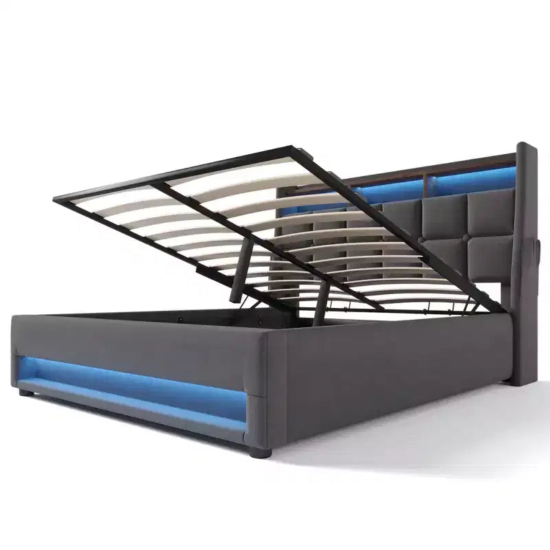 Queen Bed with Hydraulic Storage, LED, USB, Upholstered Headboard, No Box Spring, Easy Assembly