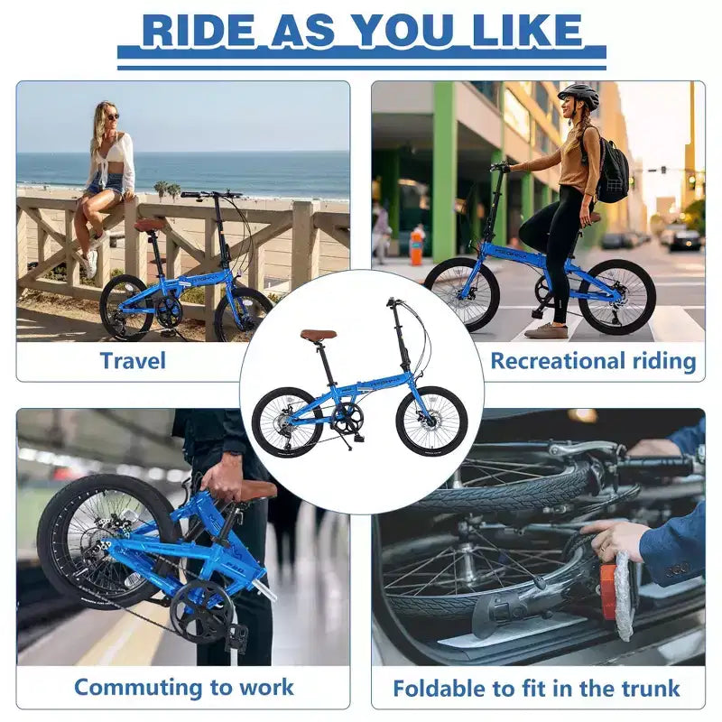 NAYSAYE 20 Inch Folding City Bike Lightweight Aluminum Frame 7 Speed for Commuting and Travel, Blue, 57.09*24.8*39.37