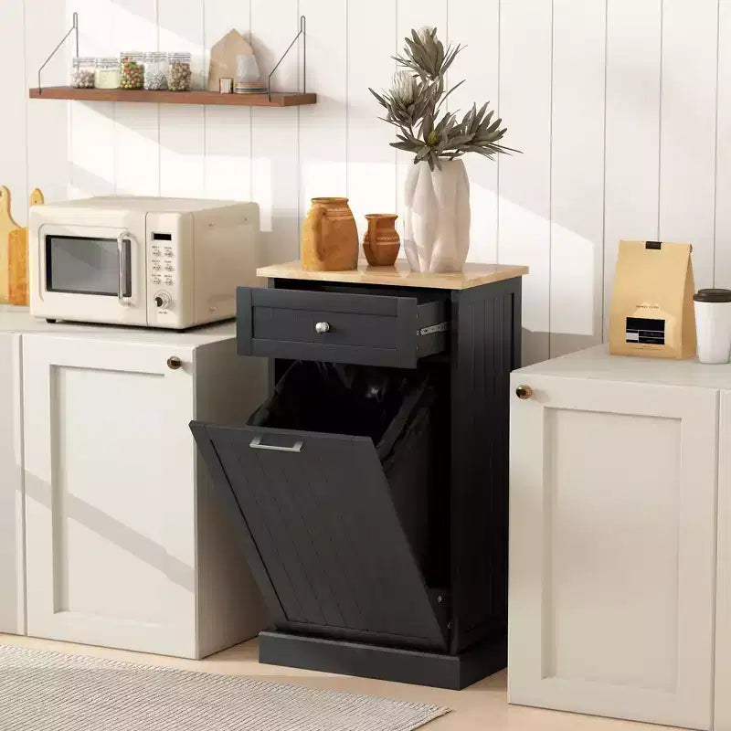 HOMCOM Kitchen Tilt Out Trash Bin Cabinet Free Standing Recycling Cabinet Trash Can Holder With Drawer