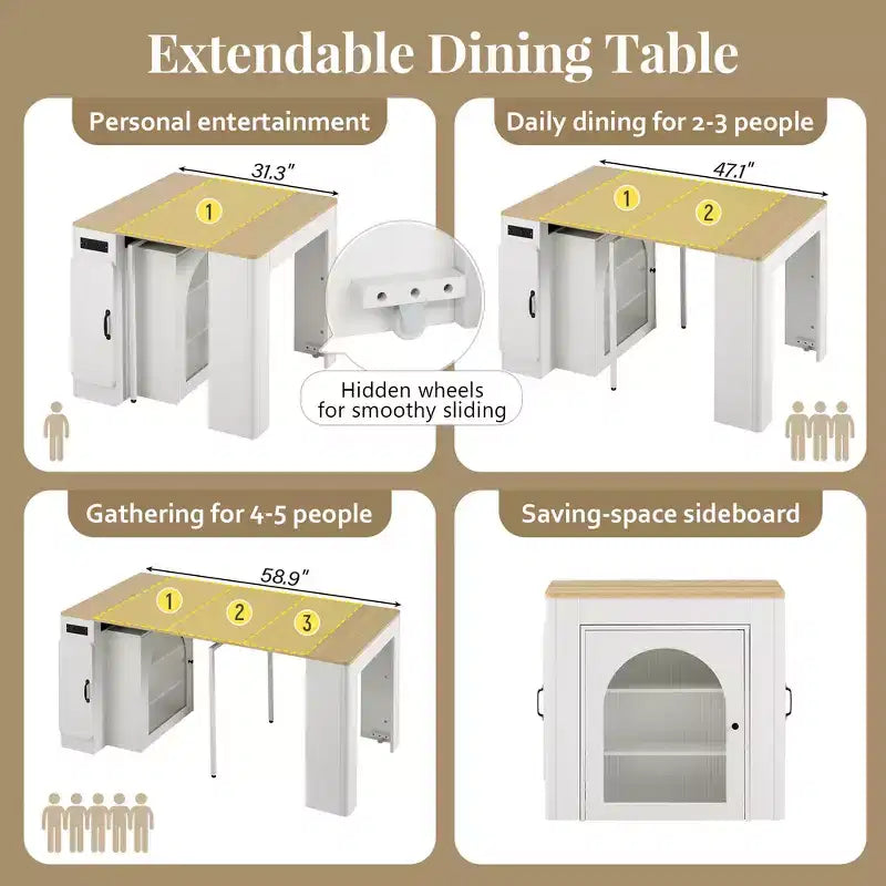 Whisen Extendable Dining Table, Mobile Rolling Island Table with 3 Removable Middle Leaves, Storage Cabinet