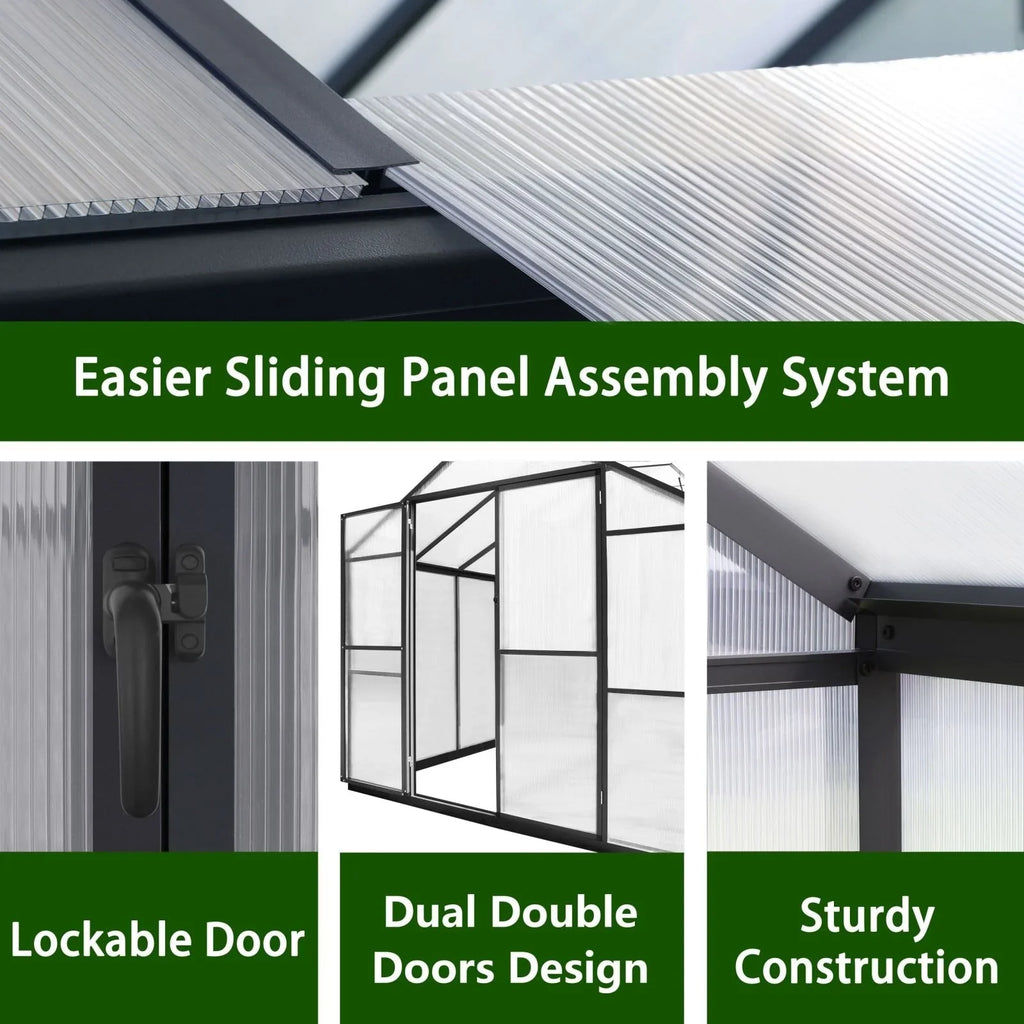 VEIKOUS Aluminum Walk-In Garden Greenhouse Kit with Adjustable Roof Vent and Lockable Door Grey