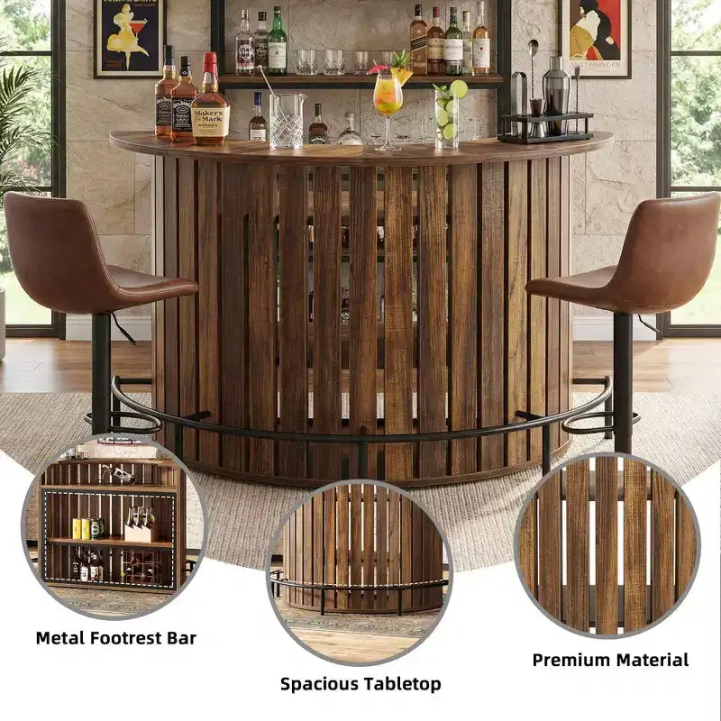Arc-Shaped 4-Tier Storage Mini Bar Table, Modern Rustic Home Bar Cabinet with Footrest & MDF Construction