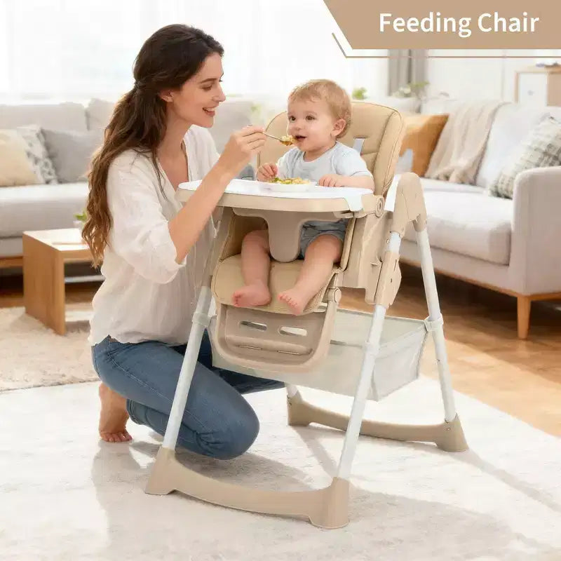 Foldable High Chair for Babies&Toddlers,PU Leather Highchair with Adjustable Backrest,Seat Height,Removable Tray,5-Point Safety Harness&Locking Wheels