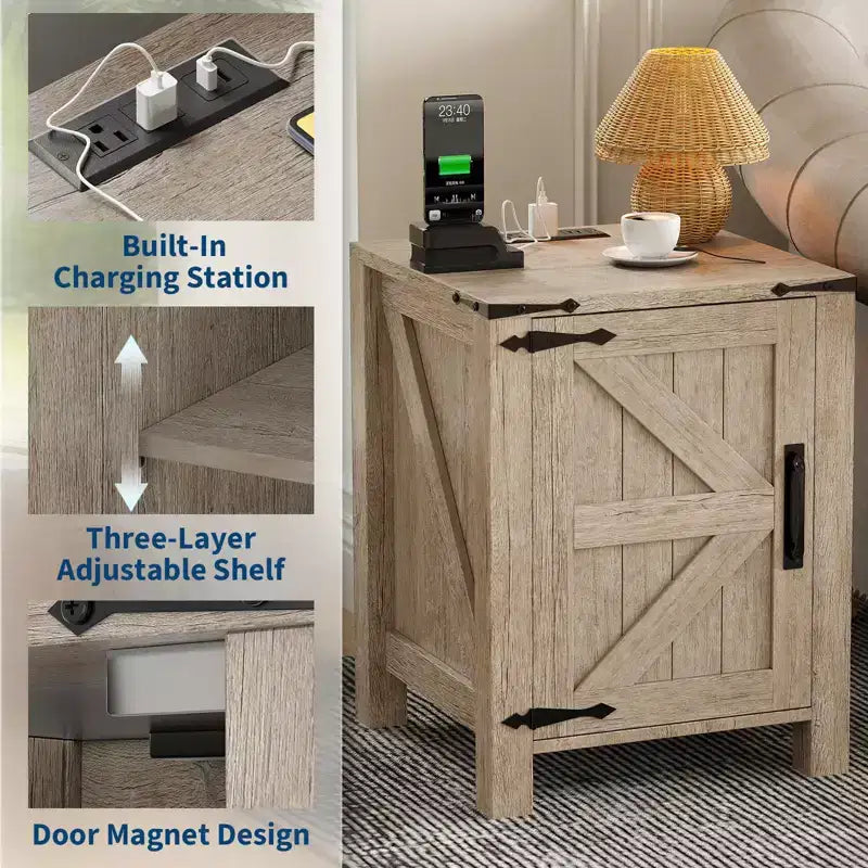 Lot de 2 tables de chevet de ferme avec station de recharge, table de nuit rustique avec porte de grange et étagère réglable, petite table d'appoint pour chambre et salon.