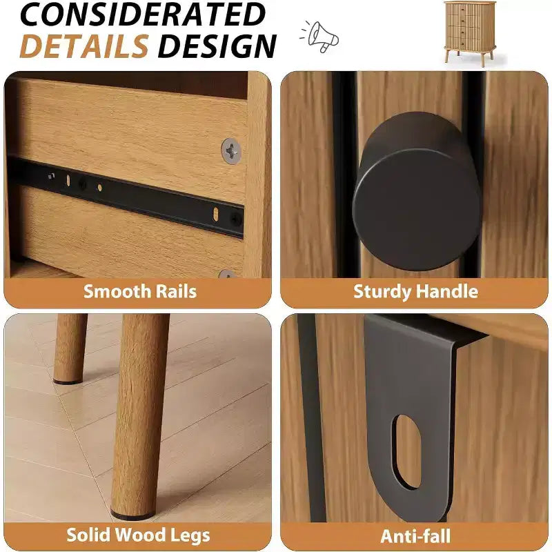Dresser, 6 Drawer Horizontal Chest with Black Handles & Wooden Legs, Natural Wood Look