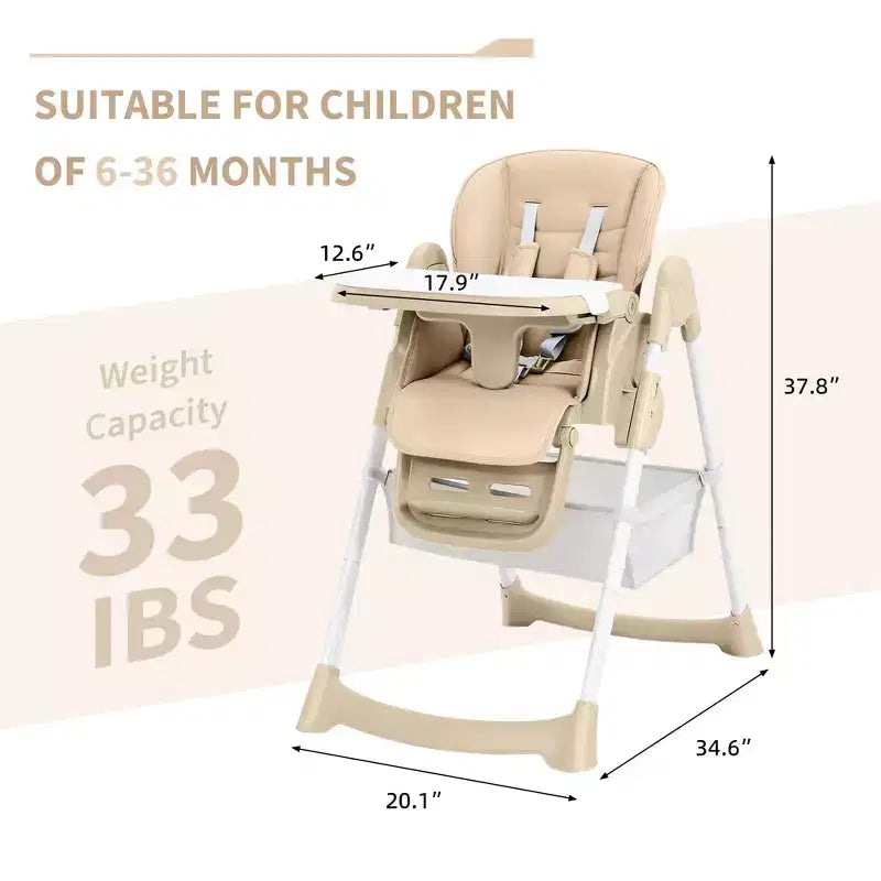Foldable High Chair for Babies&Toddlers,PU Leather Highchair with Adjustable Backrest,Seat Height,Removable Tray,5-Point Safety Harness&Locking Wheels