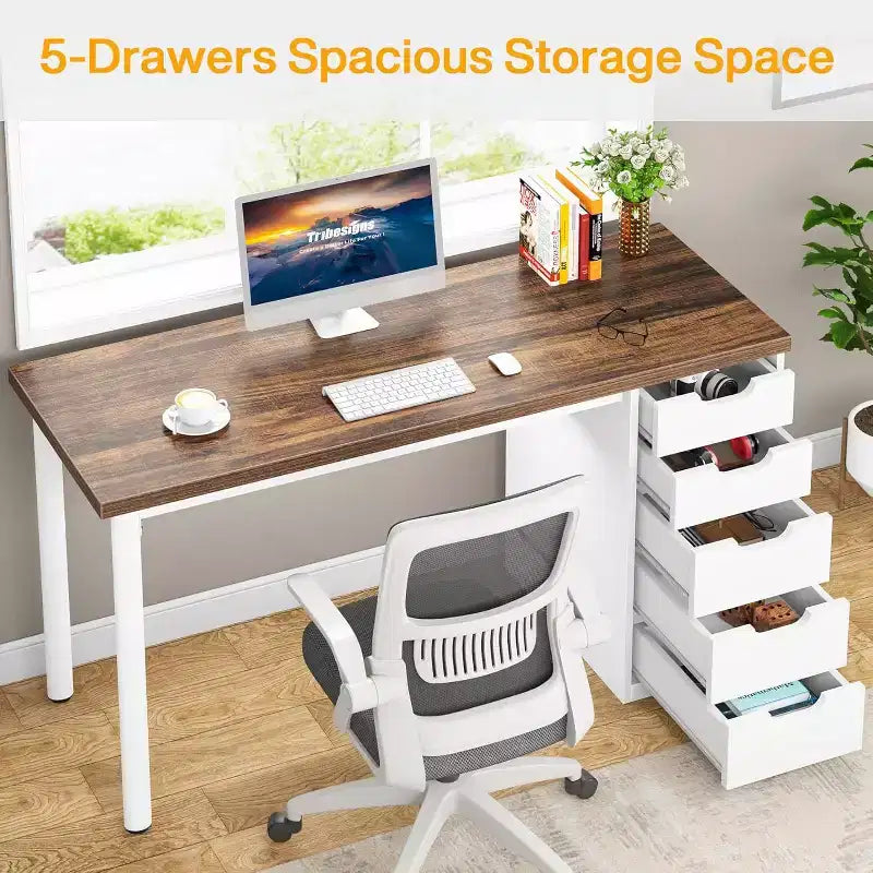 Lantine Computer Desk with 5 Drawers, 47 inches Modern Simple Home Office Desk Study Writing Table for Small Spaces