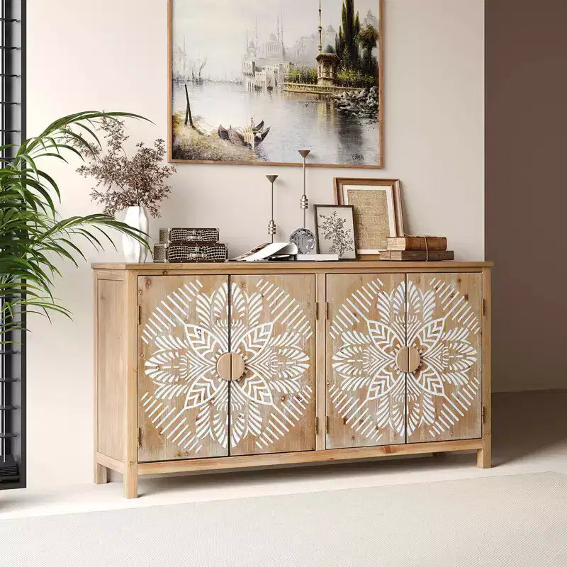 MAYEERTY 60 Wood Accent Cabinet with 4 Doors Brown and Antique White Modern Pantry Cabinet for Living Room Bedroom