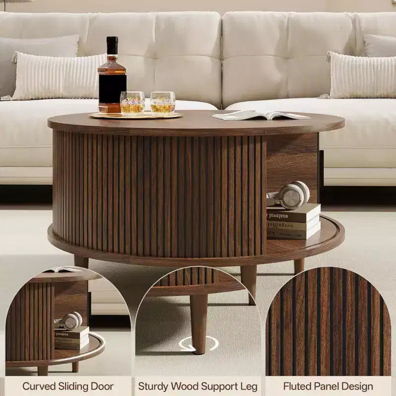 Table Basse Ronde avec Rangement NAYSAYE, Table Centrale Cannelée de 80 cm pour Salon, Table d'Appoint Circulaire Moderne en Noyer pour Petit Espace