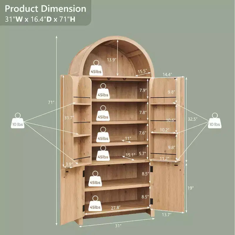 71 Tall Arched Kitchen Pantry, Modern Storage Cabinet with 3 Adjustable Shelves, 6 Door Shelves, for Kitchen, Living Room