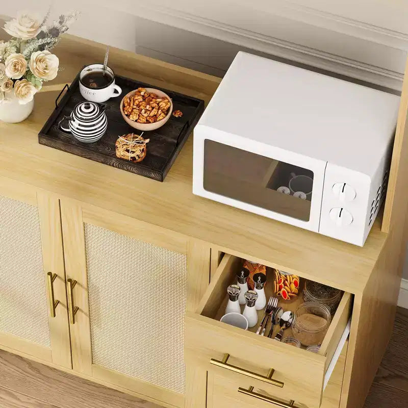 71 Rattan Kitchen Pantry Storage Cabinet, Buffet Cabinet with Microwave Stand, Adjustable Shelves and 6 Hooks Natural