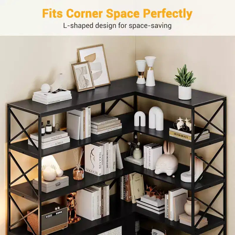 Corner Bookshelf - 6 Tier Corner Book Shelf with Storage, Farmhouse L Shaped Book-Shelf with Cabinet, Modern Industrial Bookcase for Home Office