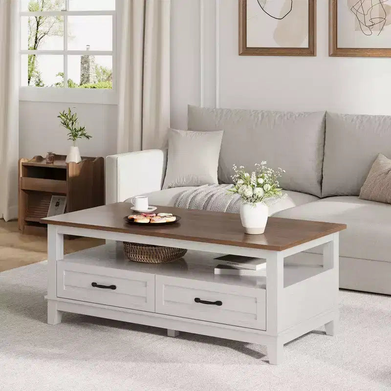 Farmhouse Coffee Table with Drawers, 47.2 Center Table Rustic Coffee Tables Brown Living Room Table, with Open Shelf and 6 Support Legs