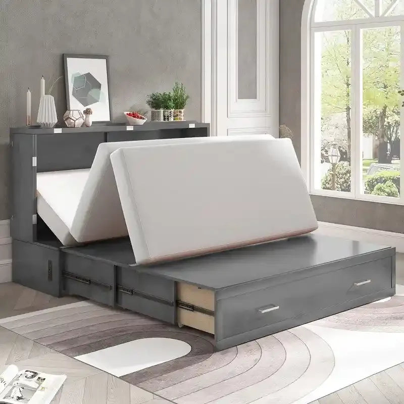 Mixoy Murphy Bed Cabinet Bed Chest with Mattress & Drawer