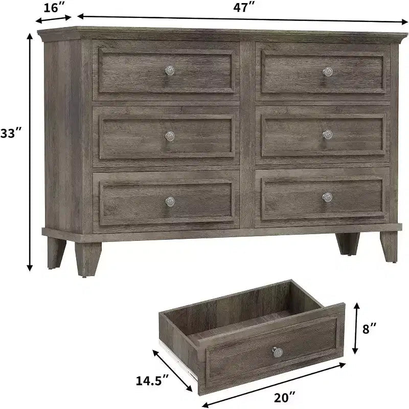Dresser for Bedroom, 6 Drawer Wide Dresser Storage Organizer, Modern Wooden Chest of Drawers with Metal Handles for Hallway, Entryway, Home Office
