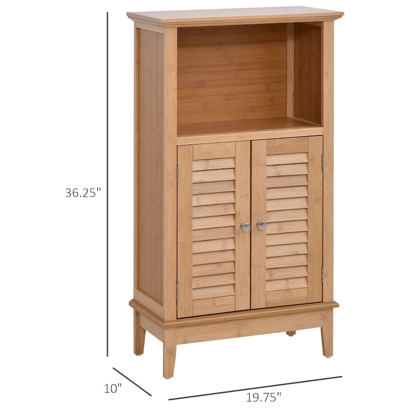 Brown Bamboo Floor Storage Cabinet with Open Shelf and 2 Doors, 1-Person Assembly