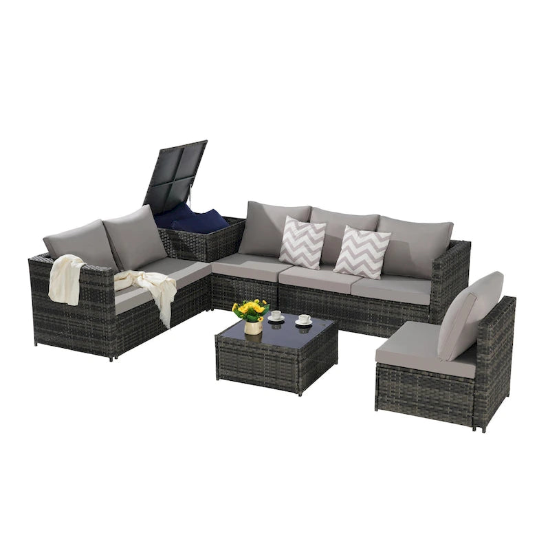 6-Piece Wicker Sectional Sofa Set with Corner & Glass Table