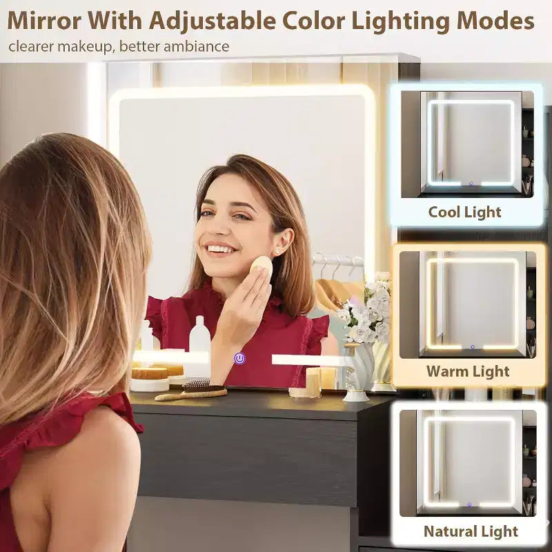 DobleePy Modern Vanity Desk with Sliding Mirror & LED Lights, 4 Drawers, 7 Shelves, Charging Station & Stool, Makeup Dressing Table for Bedroom