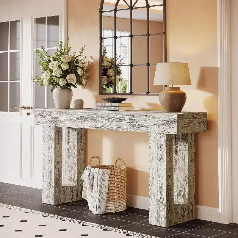 63 Farmhouse Console Table, Rectangular Wooden Accent Table in Distressed White for Entrance, Hallway & Living Room.