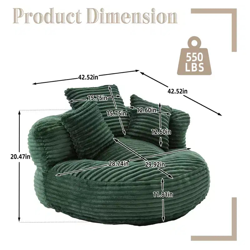Bean Bag Sofa for Adults Kids, Oversized Corduroy Bean Bag Chair with 3 Pillows & Armrest for Living Room Bedroom