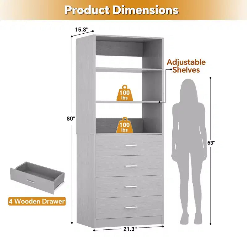 Closet Organizer System with Wood Drawers and Shelves